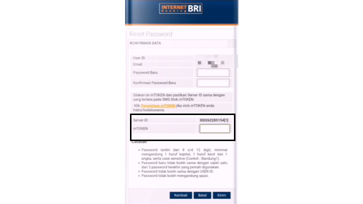 Masukkan Kode Lalu Kirim Lupa Password Internet Banking BRI
